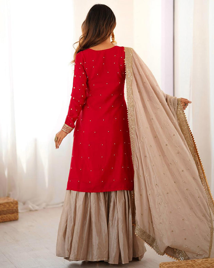 Red Color Chinon Silk Embroidered Sharara Suit