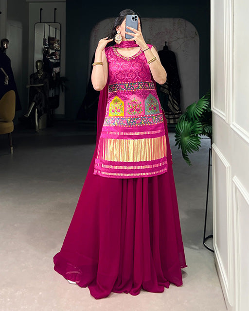 Pink Color Gaji Silk Three Piece Plazo Suit