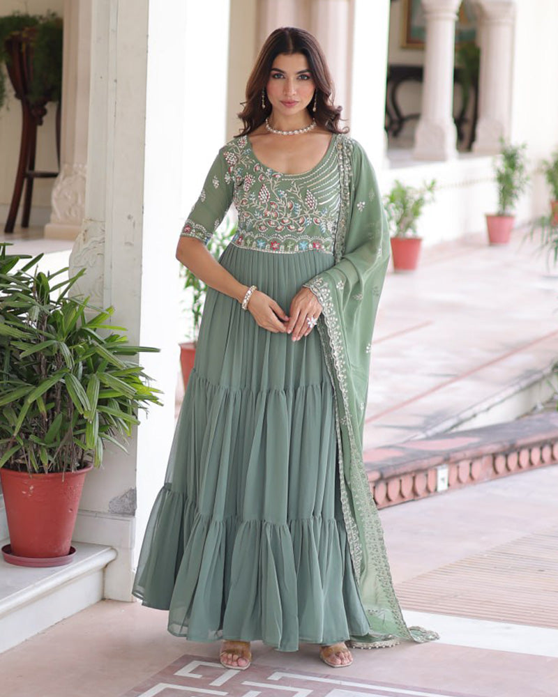 Pastel Green Color Faux Blooming Embroidered Gown
