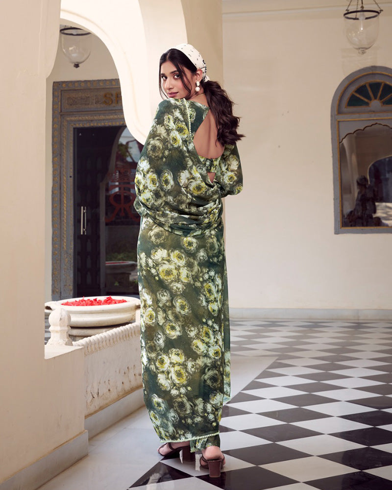 Mehndi Color Weightless Marble Printed Saree