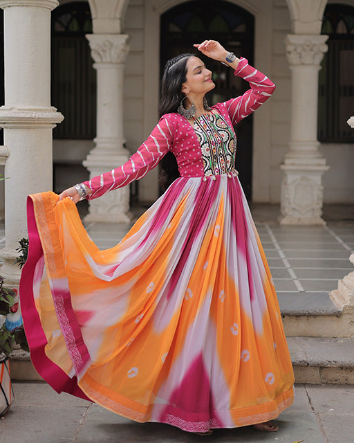 Pink Color Faux Georgette Bandhej Print Navratri Gown
