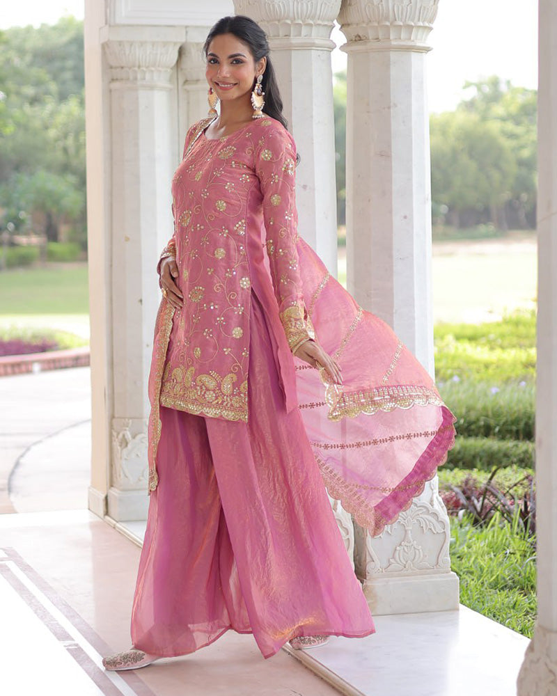 Baby Pink Color Fendi Silk Embroidered Sharara Suit