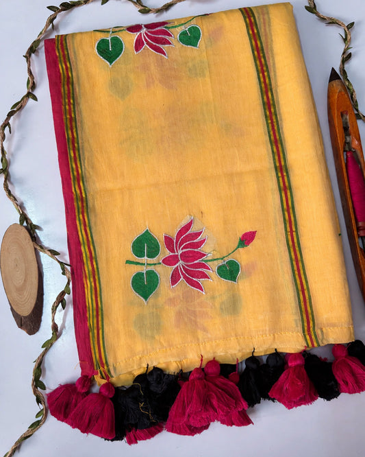Yellow Color Pure Mal Cotton Lotus Work Saree