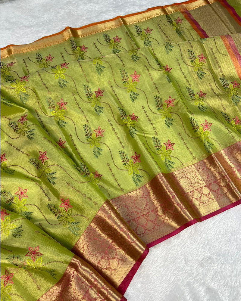 Mehndi Color Tissue Silk Floral Embroidered Saree