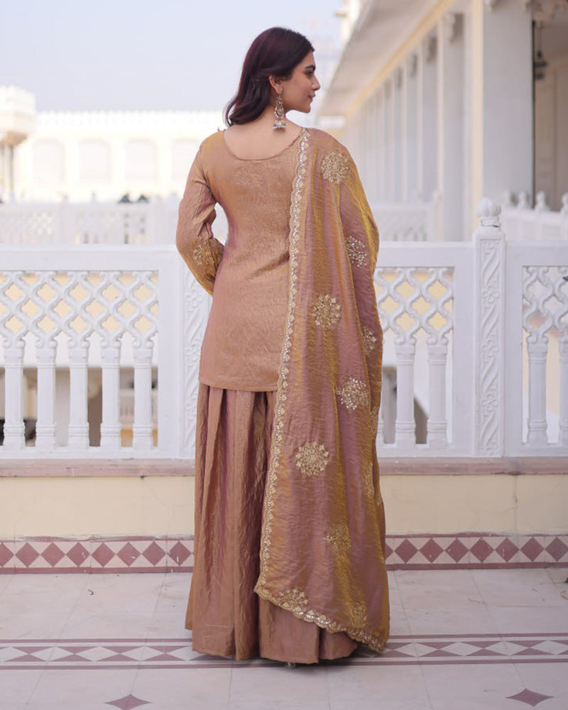 Chikoo Color Fendi Crush Embroidered Plazzo Suit