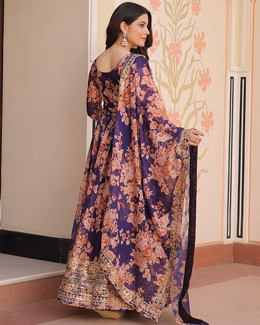 Wine Color Russian Silk Embroidered Gown