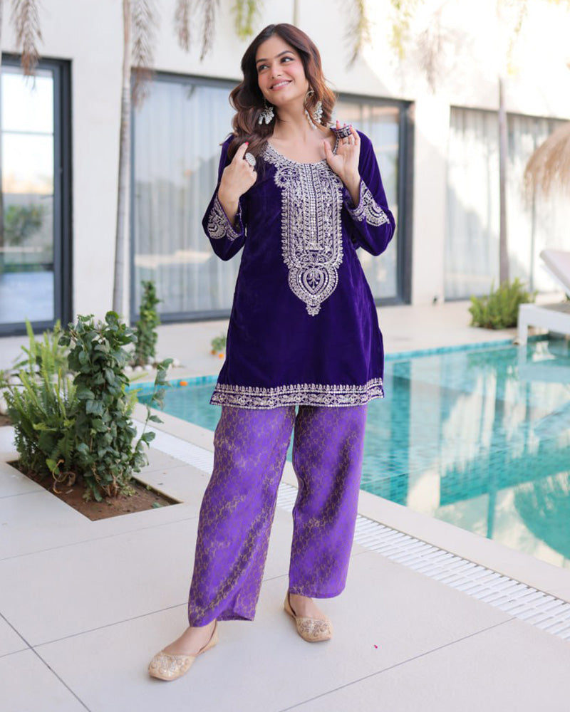 Purple Color Velvet Embroidered Kurti Suit