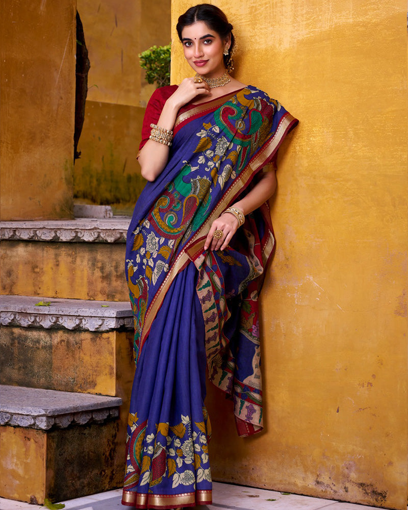 Blue Color Viscose Chanderi Printed Saree