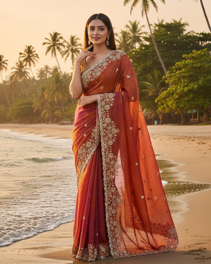 Maroon Color Space Silk Beads Embroidered Saree