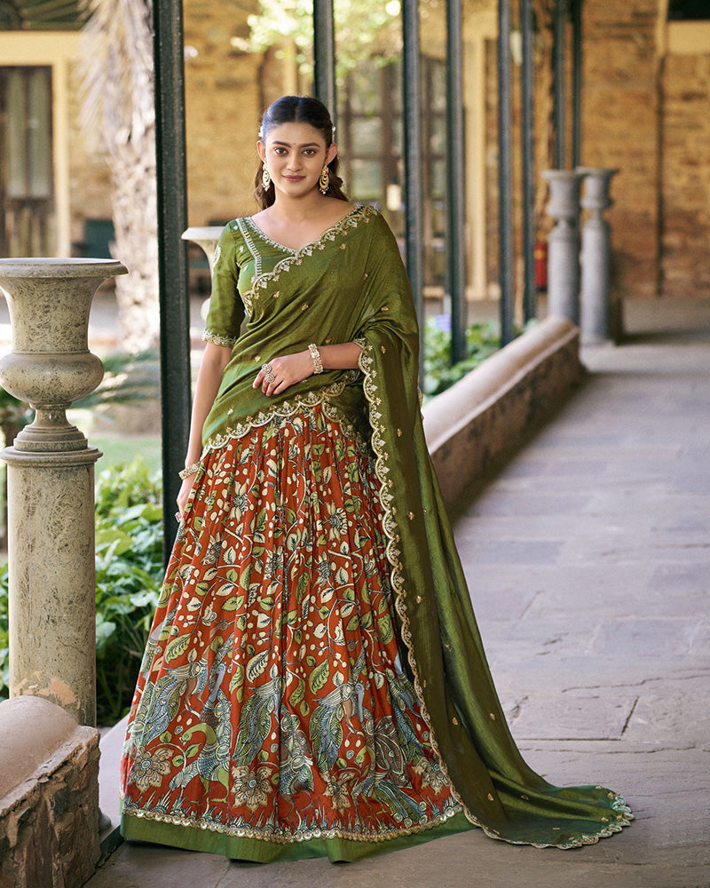 Royal Green Color Tussar Silk Kalamkari Printed Lehenga Choli