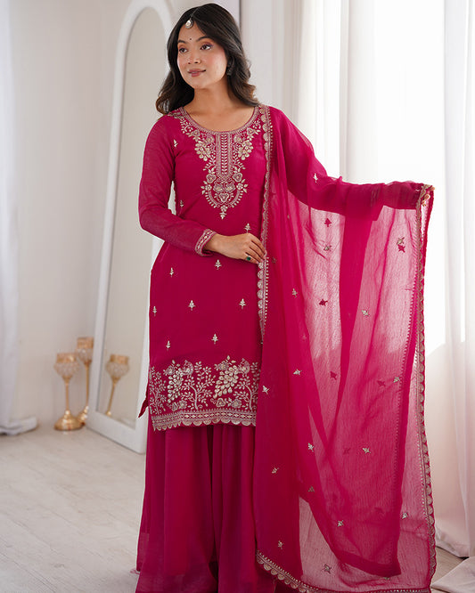 Rani Pink Color Soft Crunchy Silk Embroidered Plazzo Suit