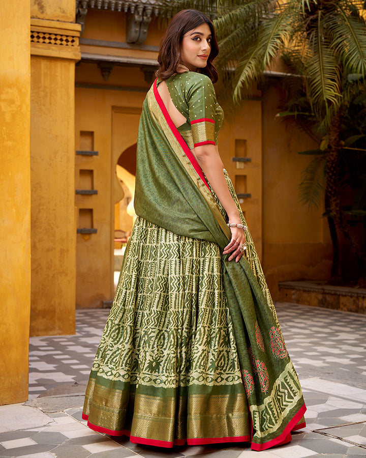 Mehndi Color Dola Silk Batik Printed Lehenga Choli