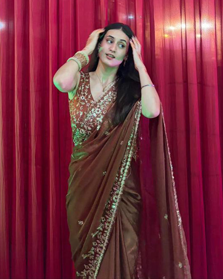 Vandana Kholiya In Brown Color Fendi Chiffon Sequence Embroidered Saree