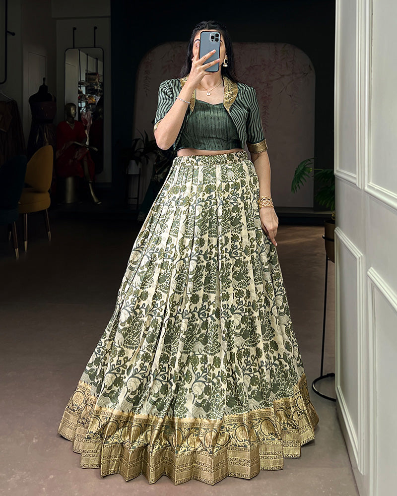 Green Color Tasar Silk Viscose Printed Lehenga Choli