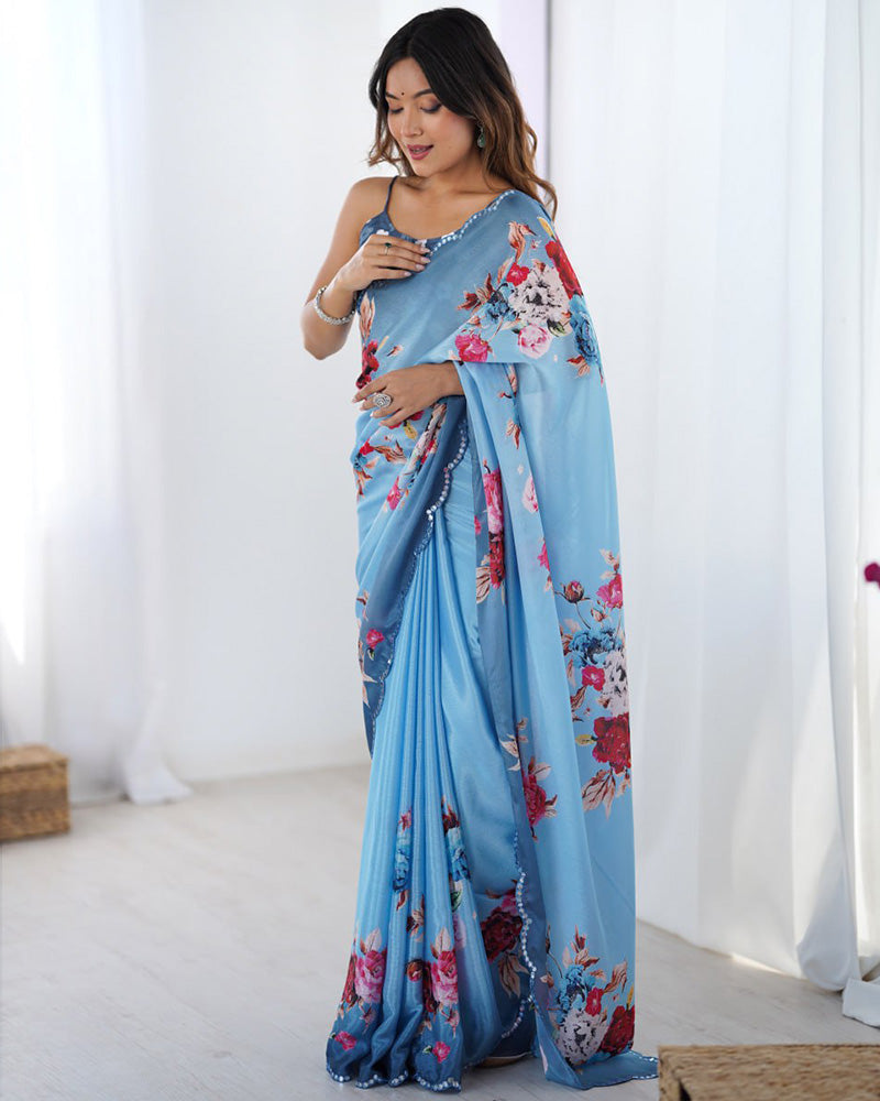 Sky Blue Color Chinnon Silk Digital Printed Saree