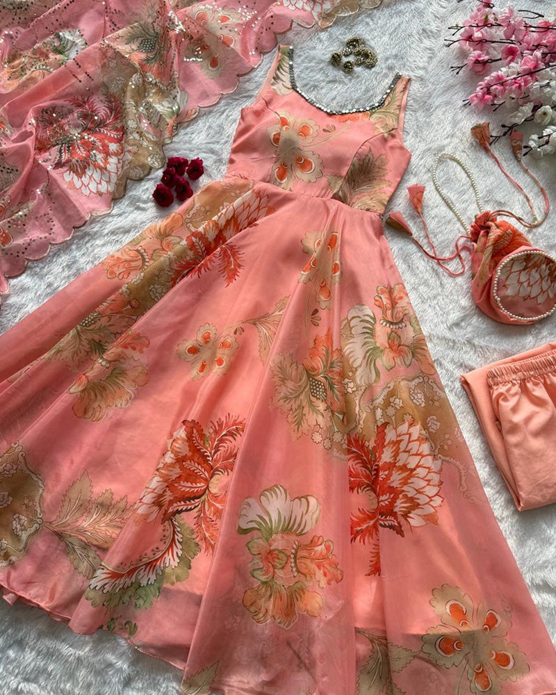 Peach Color Digital Printed Soft Organza Anarkali Suit