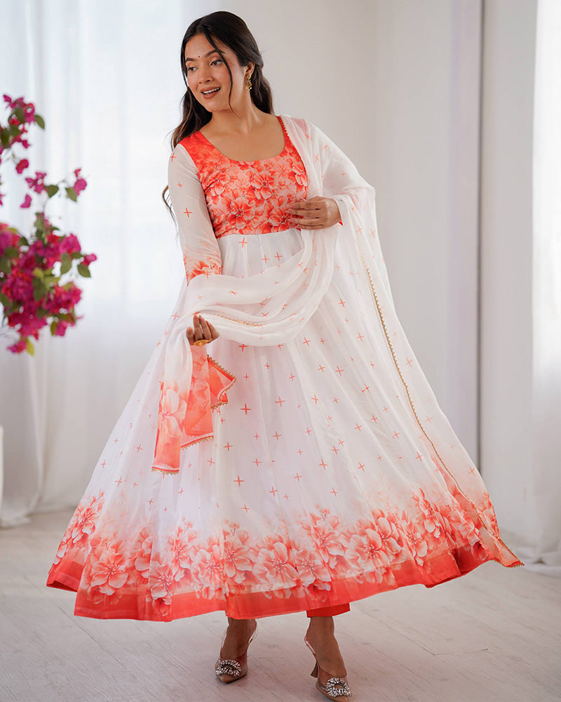 Orange Color Flower Print Tabby Organza Anarkali Suit