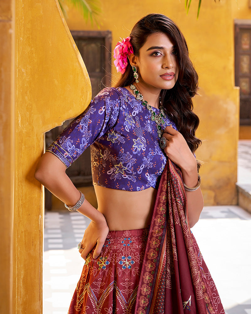 Maroon Color Vichitra Silk Printed And Embroidered Lehenga Choli