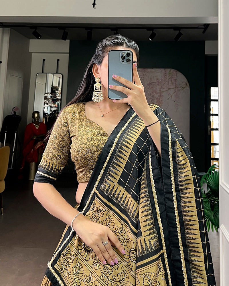 Gold Color Tasar Silk Kalamkari Printed Lehenga Choli