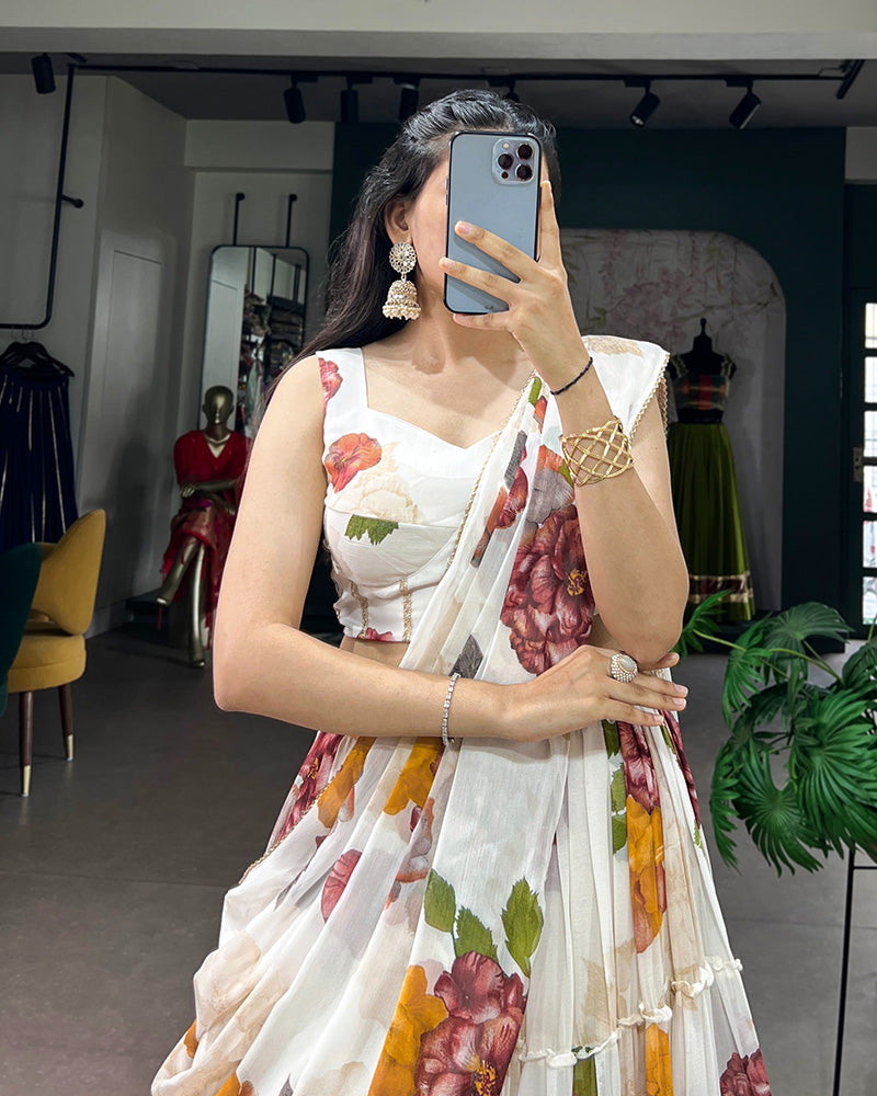 White Color Lightweight Chiffon Printed Lehenga Choli