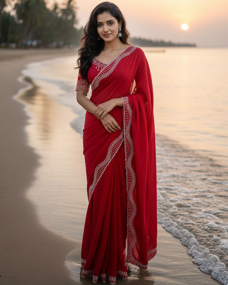 Maroon Color Space Silk Sequence Embroidered Saree