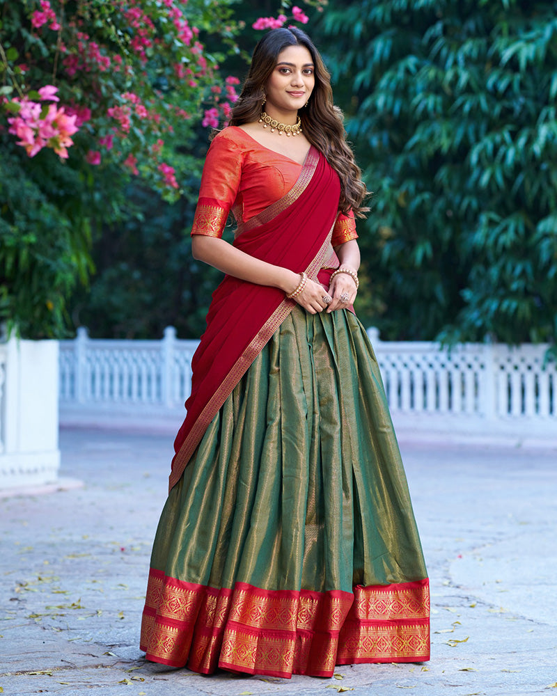 Green Color Kanchipuram Silk Designer Half Saree