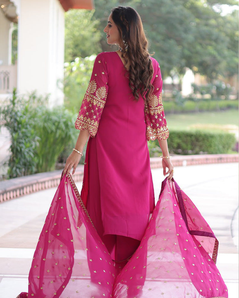 Rani Pink Color Georgette Embroidered Three Piece Kurti Suit