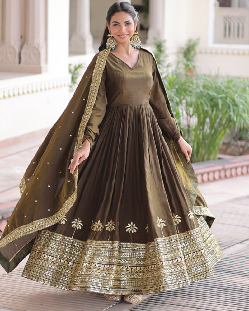 Mehndi Olive Color Vichitra Silk Sequence Embroidered Gown