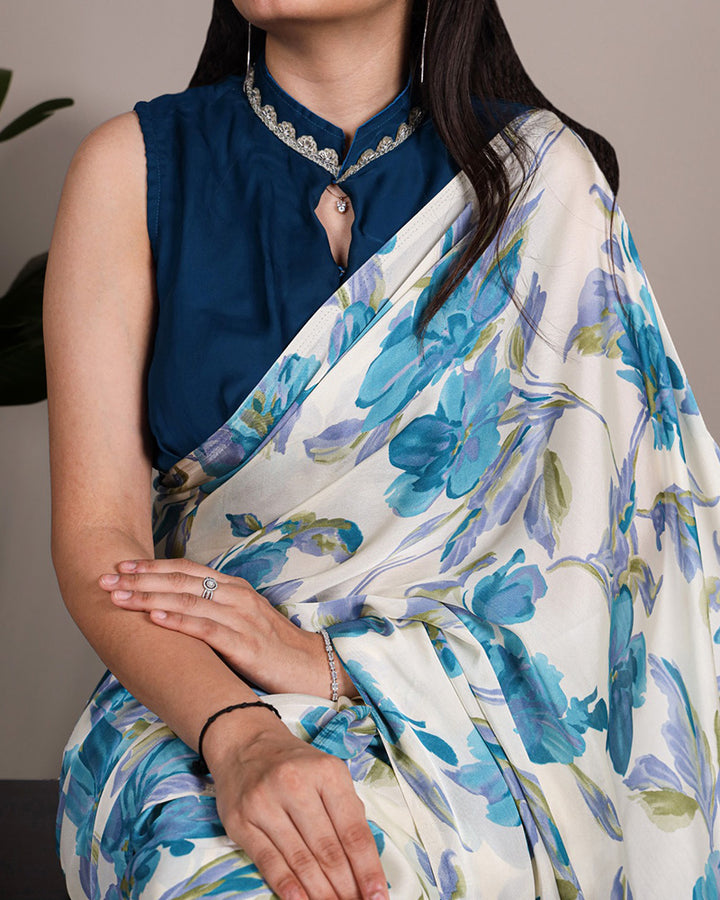 Sky Blue Color Satin Silk Floral Printed Saree
