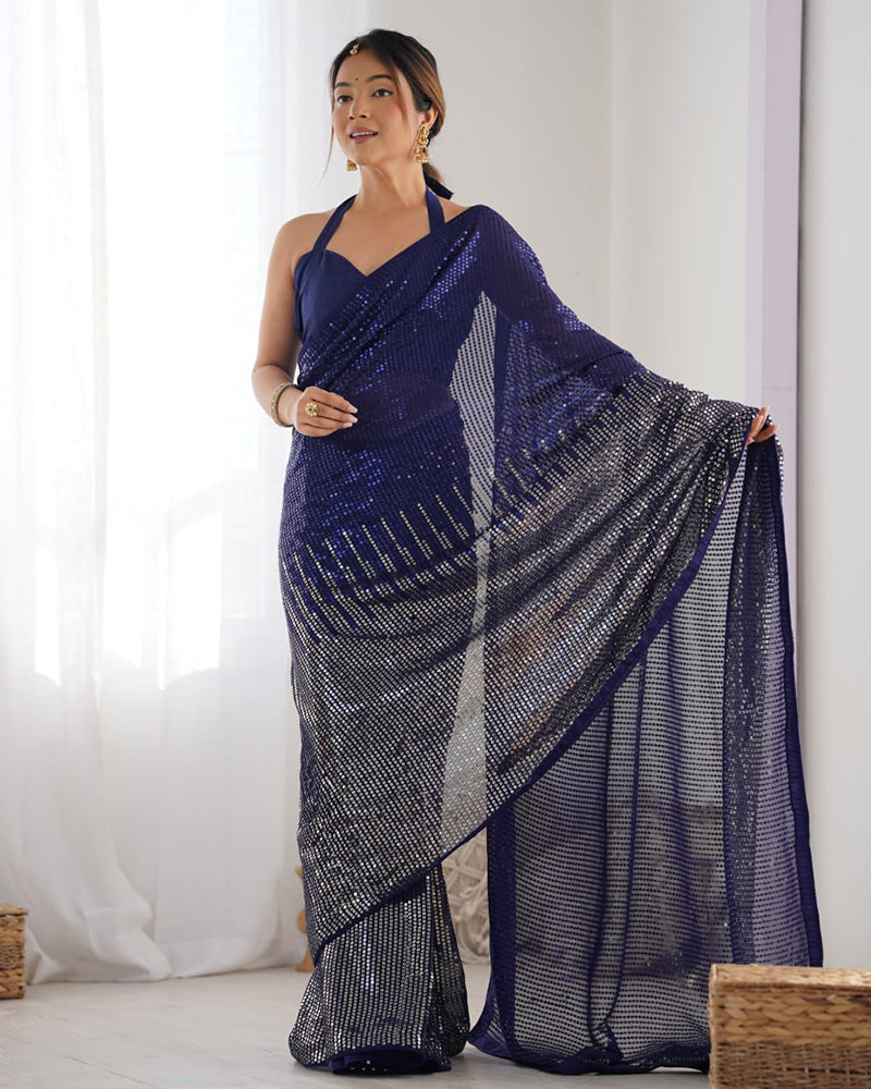 Navy Blue Color Heavy Georgette Embroidered Saree