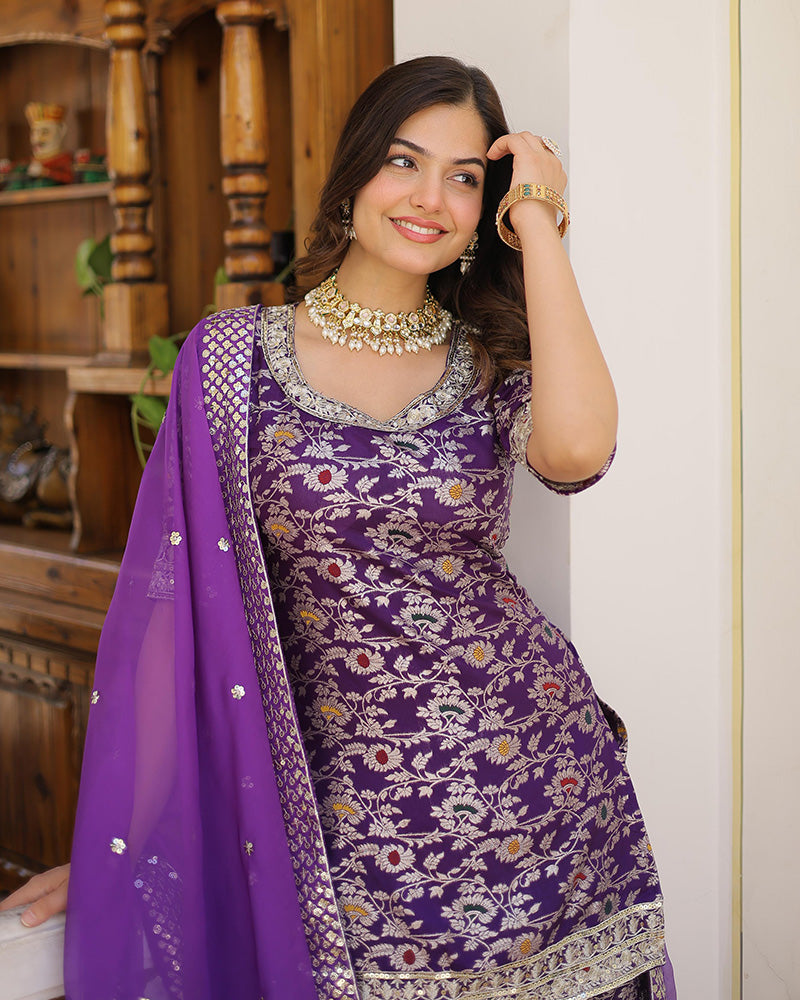 Purple Color Viscose Jacquard Three Piece Gharara Suit