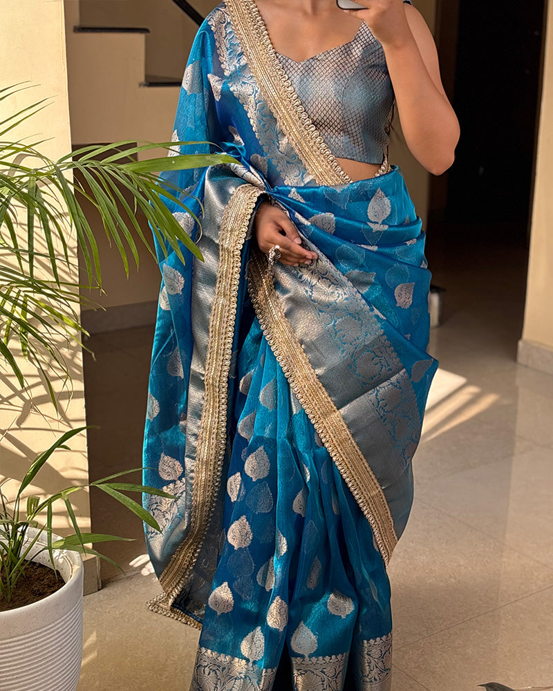 Sky Color Banarasi Tissue Gold Zari Weaving Saree