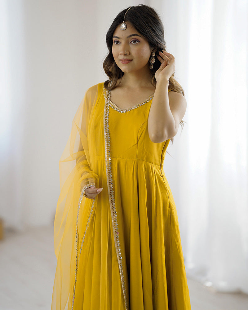 Yellow Color Chanderi Pure Roman Silk Anarkali Suit