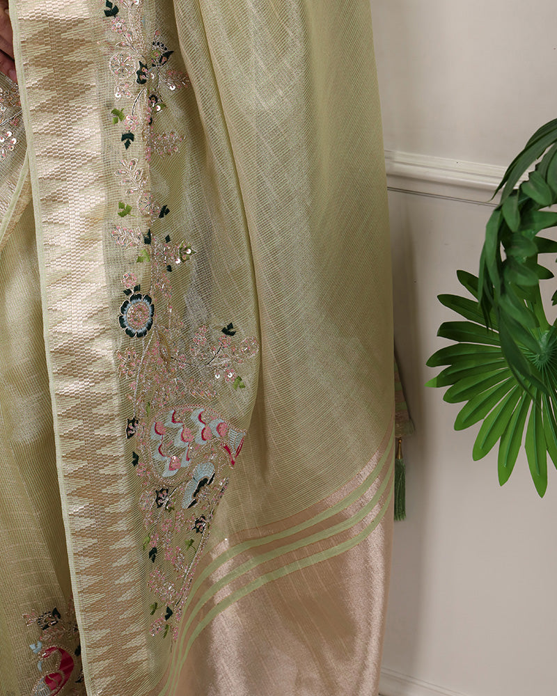 Pista Color Embroidered Kota Tissue Saree