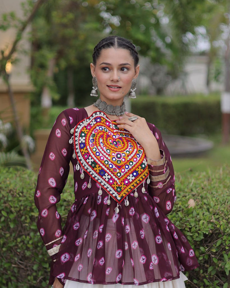 Wine Color Bandhani Printed With Kora Cotton Navratri Lehenga Set
