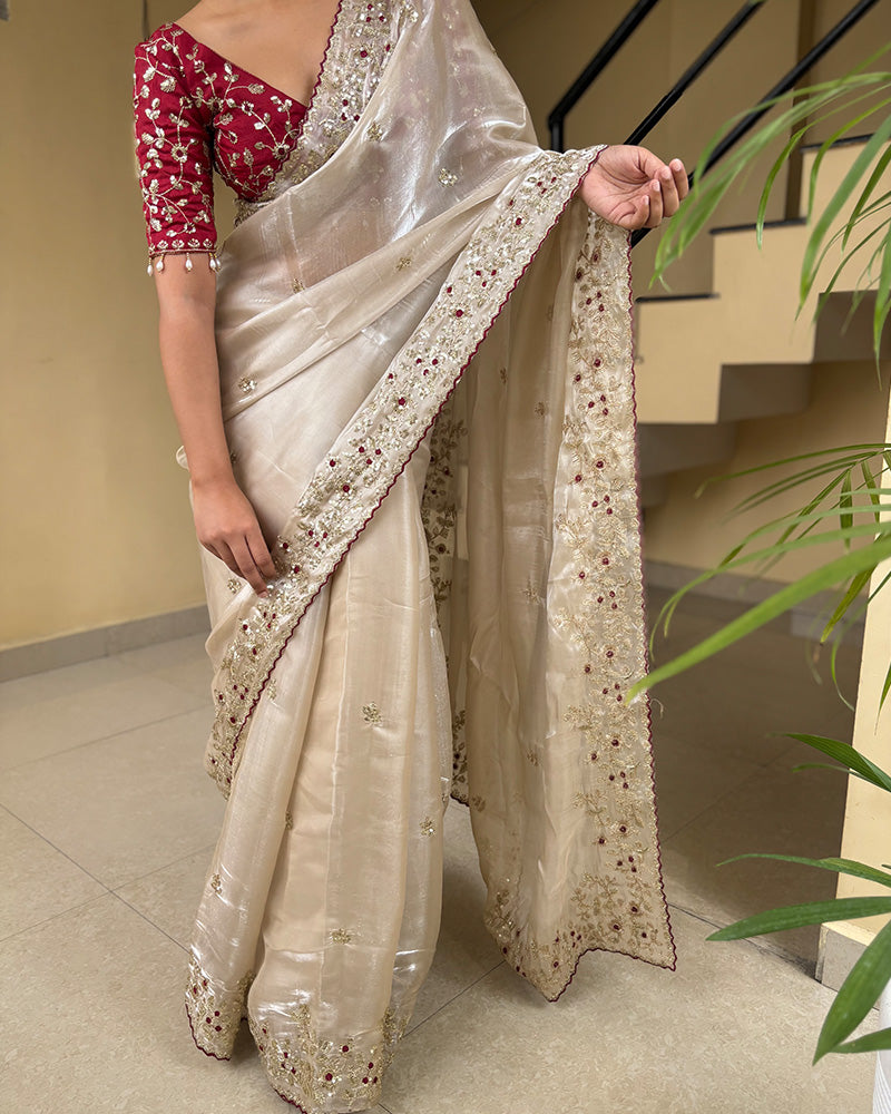 Cream Color Pure Soft Organza Saree
