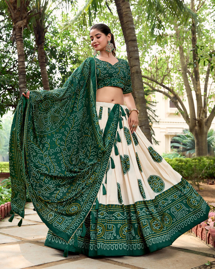 Green Color Tussar Silk Bandhej Printed Lehenga Choli