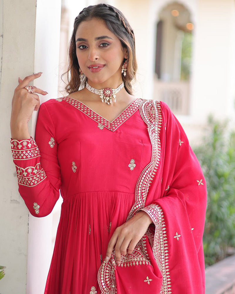 Bright Pink Vichitra Silk Sequence Embroidered Gown