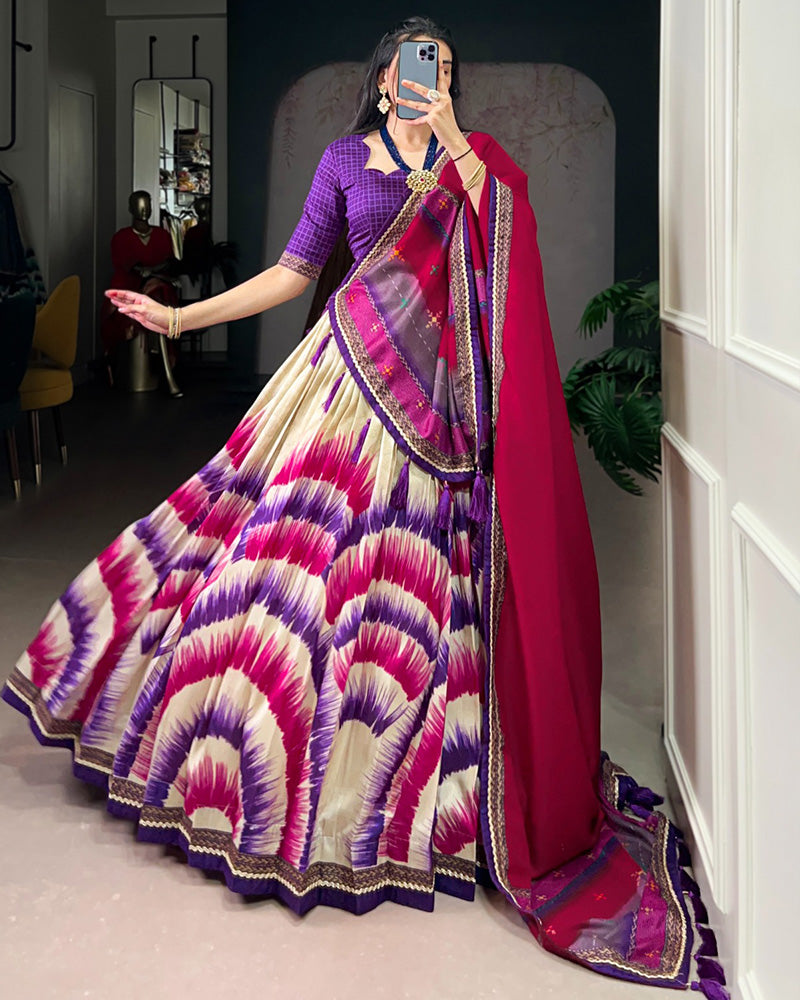 Purple Color Tasar Silk Dye Printed Lehenga Choli