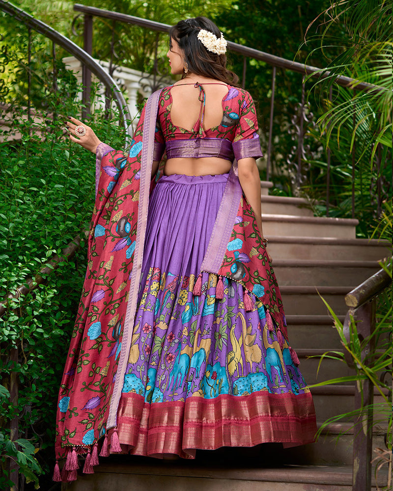 Lavender Color Dola Silk Designer Kalamkari Print Lehenga Choli