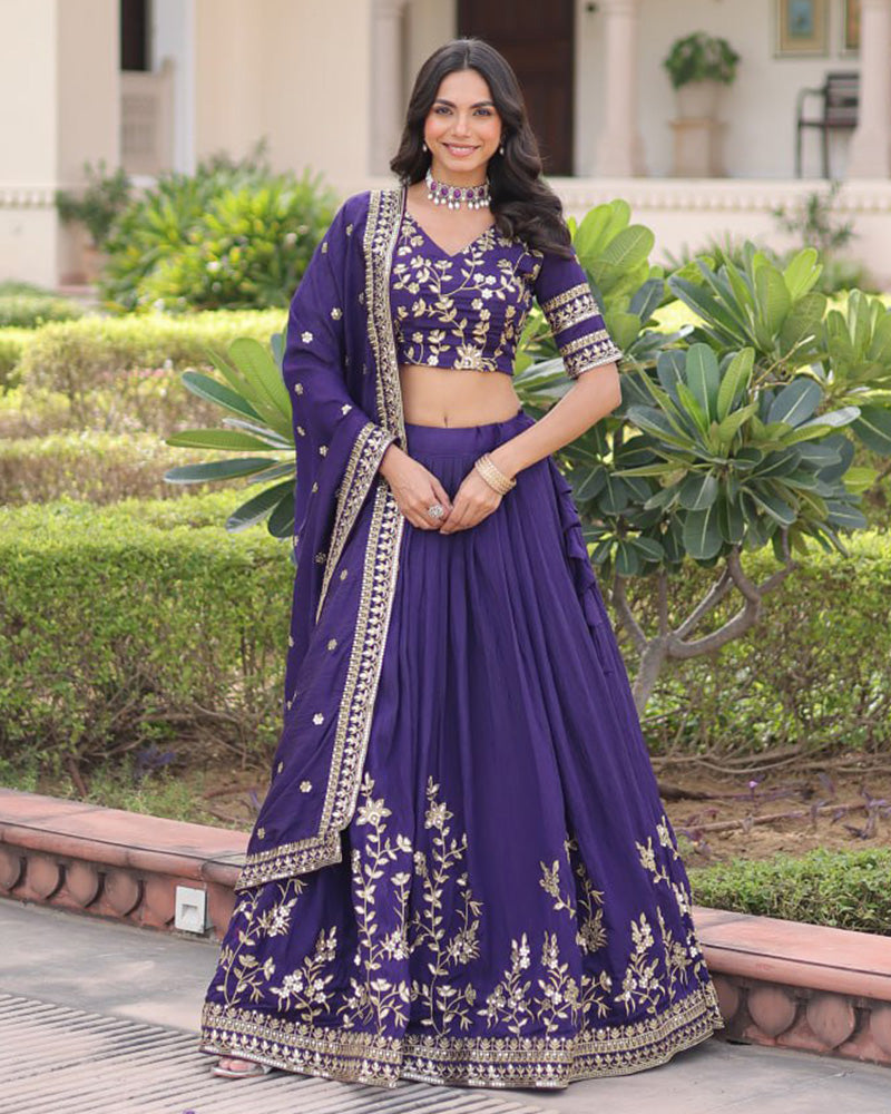 Royal Purple Color Vichitra Silk Embroidered Lehenga Choli