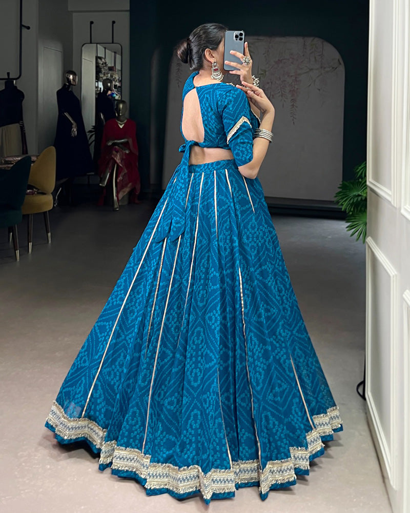 Firozi Color Chiffon Bandhej Printed Navratri Lehenga Choli