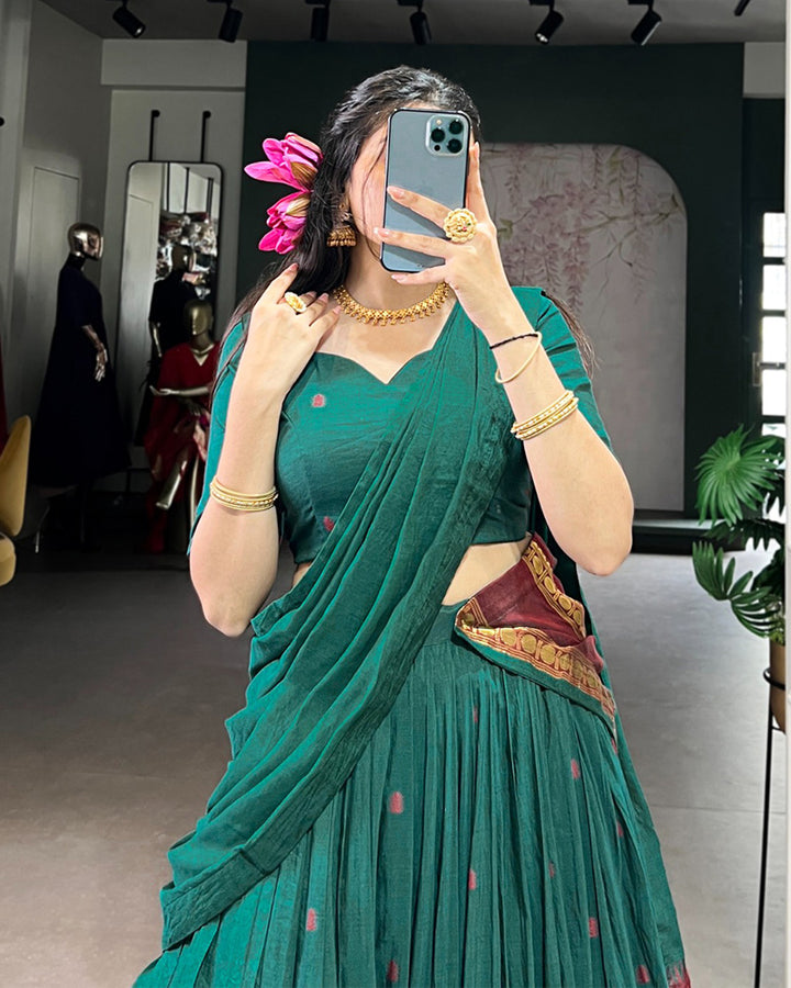 Elegant Teal Green Pure Chanderi Half Saree With Zari Weaving