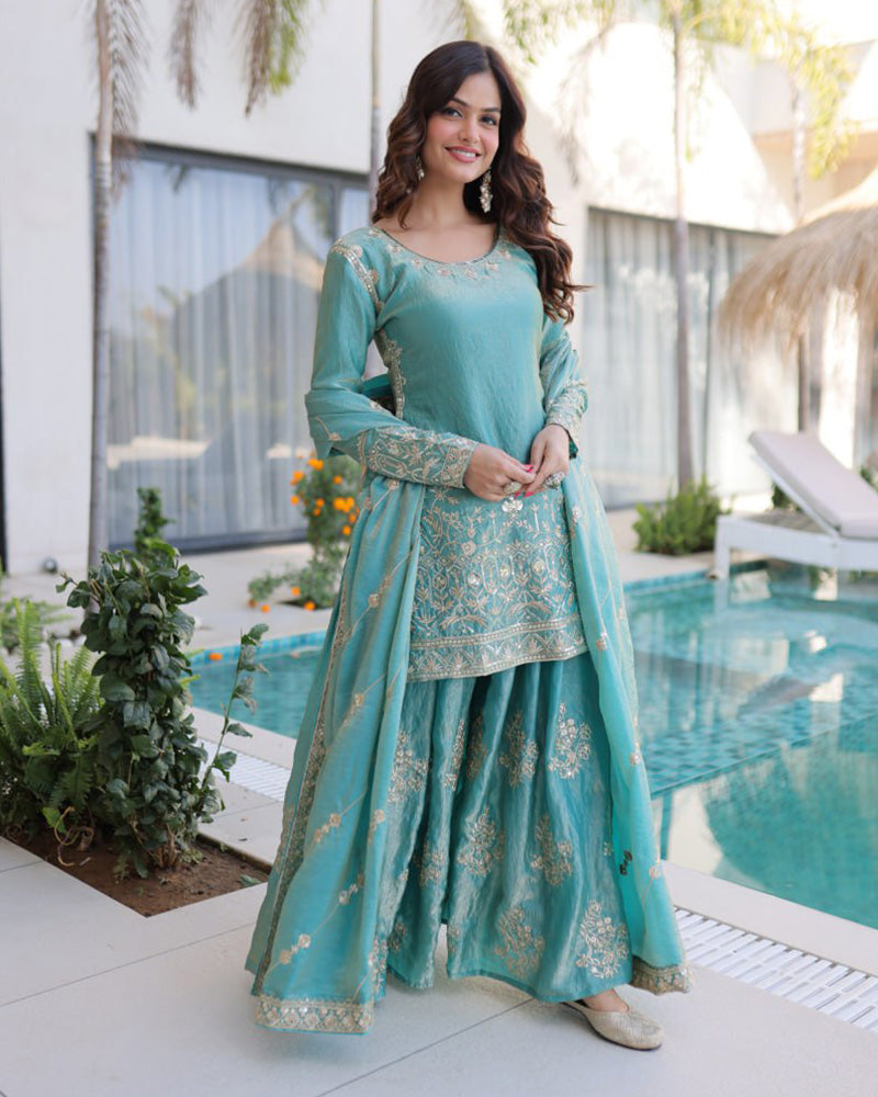 Sky Color Fendi Crush Embroidered Plazzo Suit