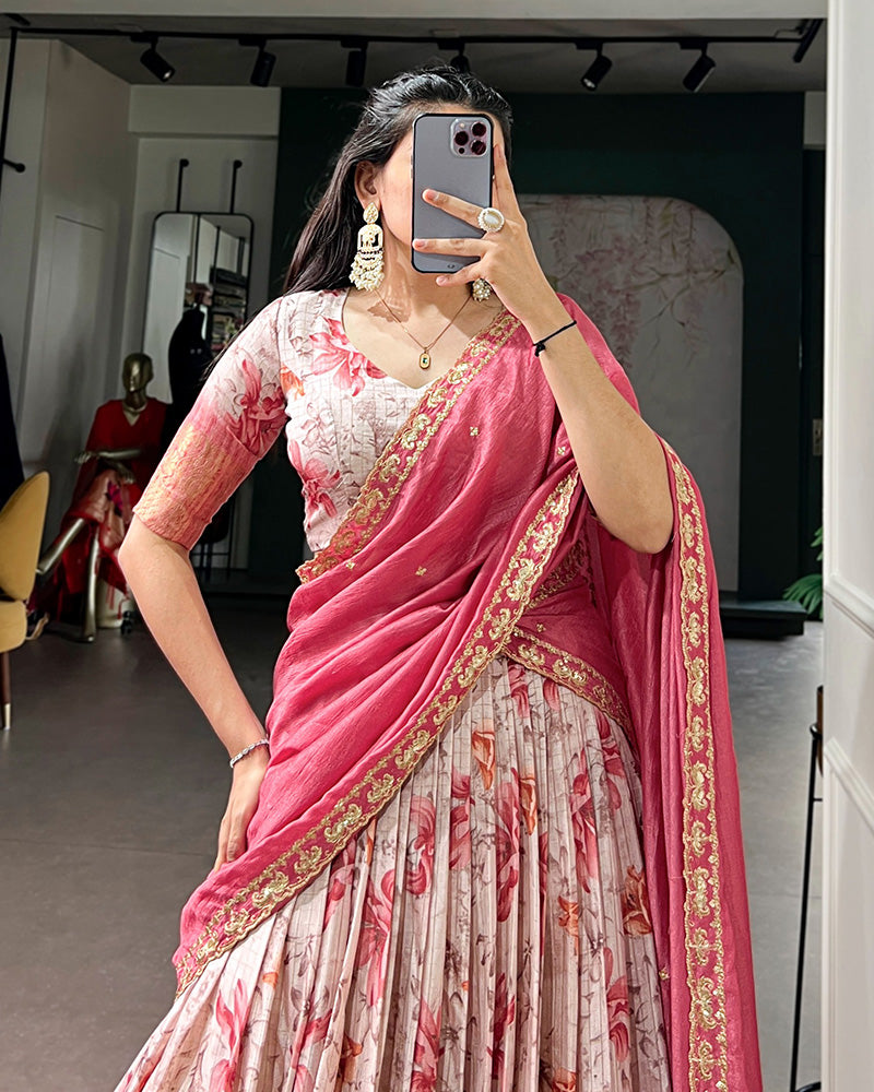 Red Color Dola Chex Floral Printed Half Saree