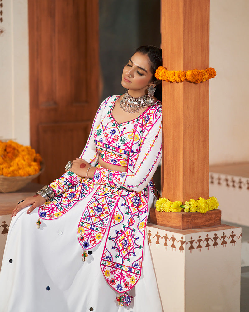 White Color Viscose Rayon Thread And Mirror Work Fully Stitched Navratri Lehenga Choli