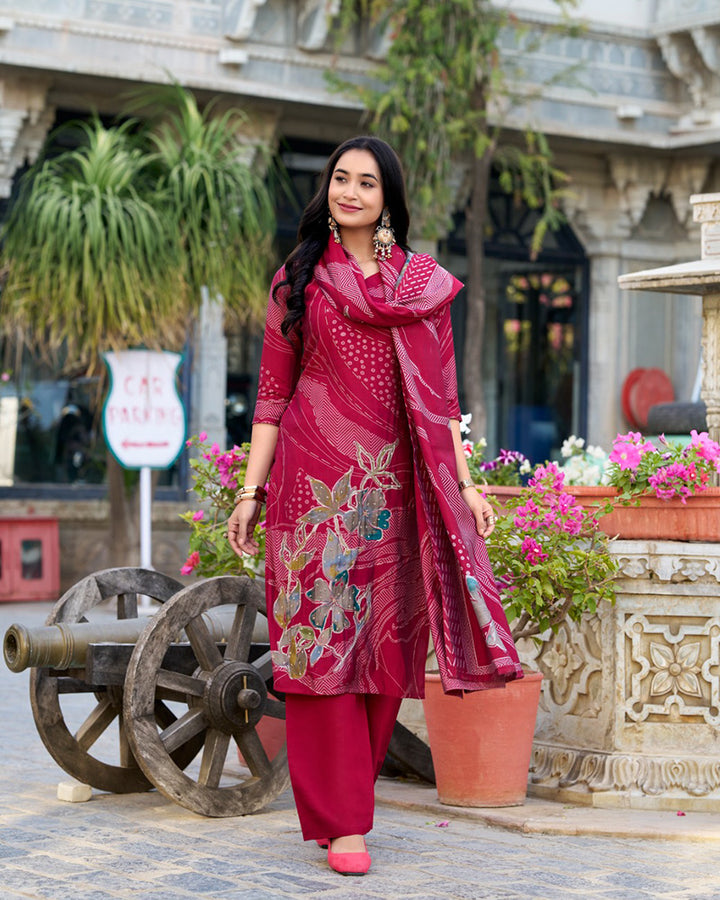 Maroon Color Roman Silk Three Piece Kurti Suit