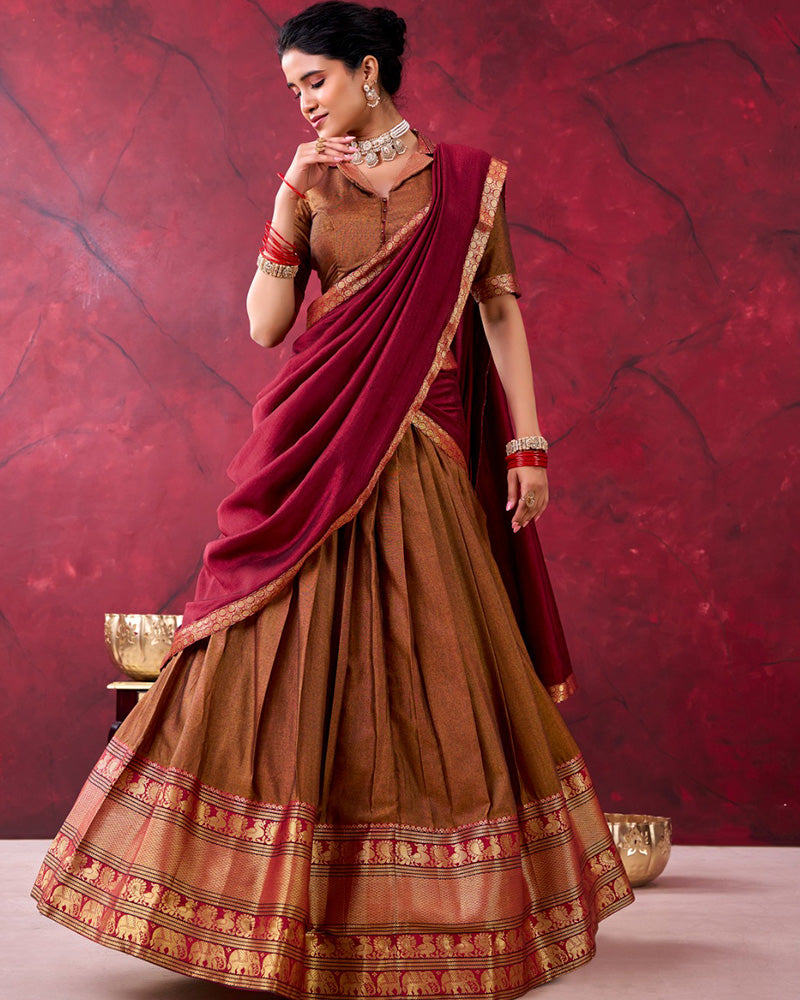 South Indian Style Mustard Color Narayan Pet Cotton Half Saree