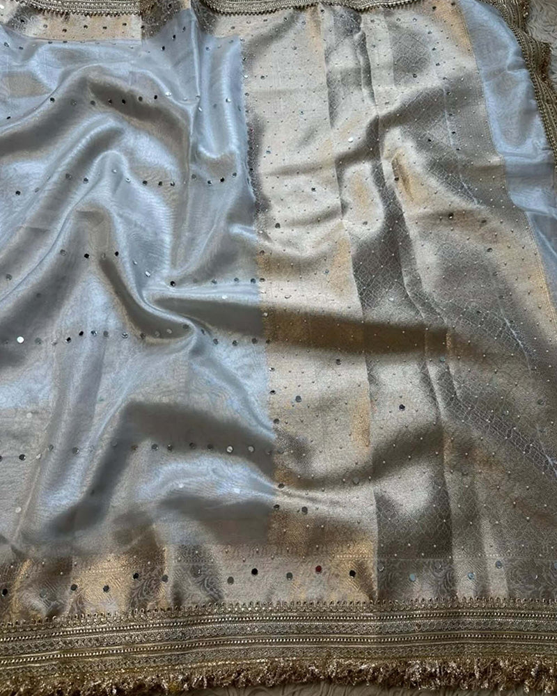 Grey Color Glass Banarasi Tissue Silk Saree