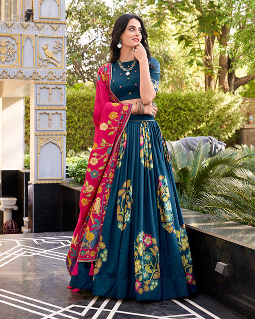 Peacock Blue Color Tussar Silk Printed With Foil Work Lehenga Choli